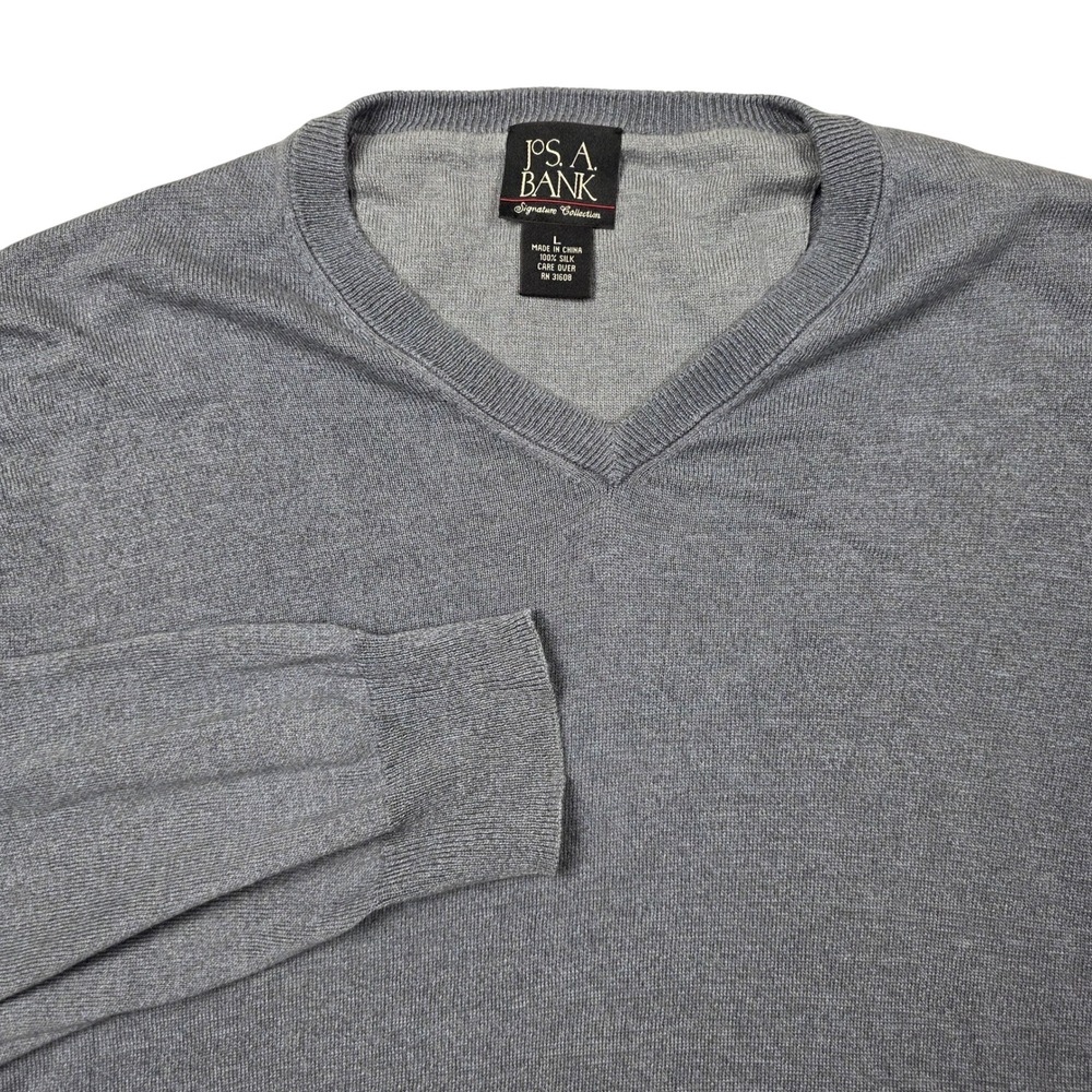 JOS A BANK Signature Collection Mens Large V Neck Sweater 100% Silk Gray